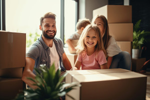 Familie zwischen Umzugskartons, KI generiert